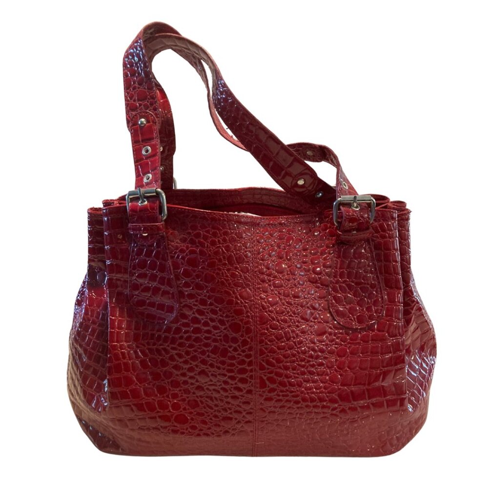Red patent embossed faux crocodile large purse